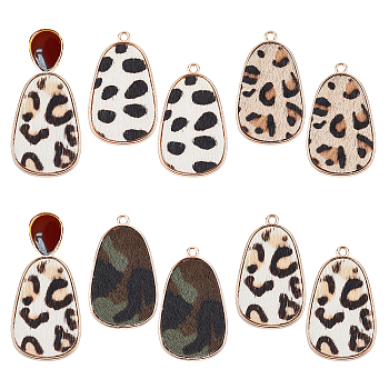 8Pcs 4 Colors Eco-Friendly Cowhide Leather Pendants, with Golden Plated Alloy Findings, teardrop with Leopard Print Pattern, Mixed Color, 35x21x2~3mm, Hole: 1.8mm, 2pcs/color