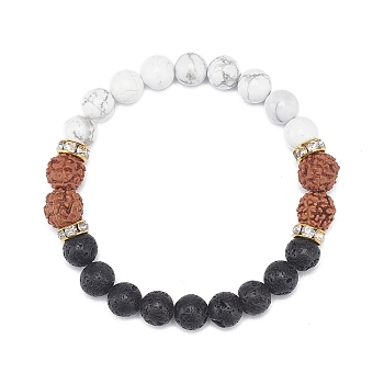Natural Rudraksha & Howlite & Lava Rock Round Beaded Stretch Bracelet, Essential Oil Gemstone Yoga Jewelry for Women, Inner Diameter: 2-1/8 inch(5.35cm)
