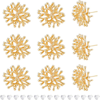 10Pcs Brass Branch Shape Stud Earring Findings, with 30Pcs  Plastic Ear Nuts, Nickel Free, Real 18K Gold Plated, 20~21x20~21mm, Hole: 1.2mm, Pin: 0.8mm