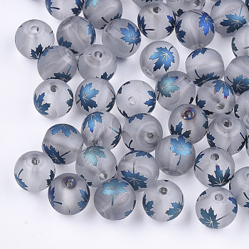 Autumn Theme Electroplate Transparent Glass Beads, Frosted, Round with Maple Leaf Pattern, Steel Blue, 10mm, Hole: 1.5mm