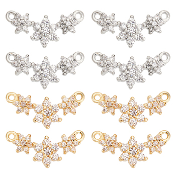 8Pcs 2 Colors Eco-friendly Rack Plating Brass Micro Pave Cubic Zirconia 2-Loop Charms, Cadmium Free & Lead Free, Long-Lasting Plated, 3-Flower Charm, Mixed Color, 7.5x15x3mm, Hole: 0.9mm, 2pcs/color