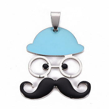 201 Stainless Steel Enamel Pendants, Human with Mustache and Hat, Sky Blue, 35x31.5x2mm, Hole: 8x4mm