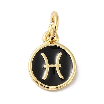 Real 18K Gold Plated Brass Enamel Charms, with Jump Ring, Long-Lasting Plated, Lead Free & Cadmium Free, Flat Round with Pisces Charms, Black, 10x8x1mm, Hole: 4mm