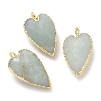 Natural Amazonite Pendants, Faceted Heart Charms, with Golden Plated Brass Edge Loops, 22.5x13x7.5mm, Hole: 3mm