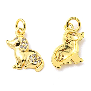 Rack Plating Brass Micro Pave Cubic Zirconia Charms, with Jump Ring, Dog, Real 18K Gold Plated, 14x13x2.3mm, Hole: 3.2mm