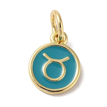 Real 18K Gold Plated Brass Enamel Charms, with Jump Ring, Long-Lasting Plated, Lead Free & Cadmium Free, Flat Round with Taurus Charms, Dark Cyan, 10x8x1mm, Hole: 4mm