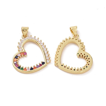 Brass Cubic Zirconia Pendants, Hollow Heart Charm, Real 18K Gold Plated, 21x23.5x2.5mm, Hole: 3x5mm