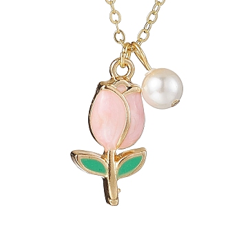 Alloy Enamel Tulip & Round Shell Pearl Pendants Necklaces, Brass Cable Chains Necklaces for Women, Real 18K Gold Plated, 15.83 inch(40.2cm)