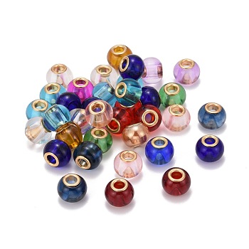 Mixed Large Hole Rondelle Glass European Beads, with Golden Plated Brass Double Cores, 15x11mm, Hole: 5mm