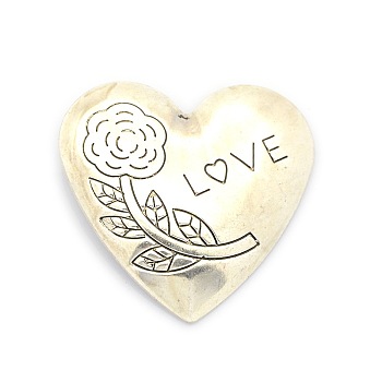 Iron Pendants, Heart with Rose Flower Pattern and Word LOVE, for Valentine'Day, Antique Silver, 50x50x5mm, Hole: 6mm