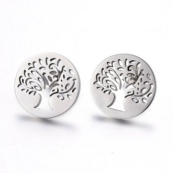 304 Stainless Steel Stud Earrings, Hypoallergenic Earrings, Flat Round with Tree of Life, Stainless Steel Color, 15x1.2mm, Pin: 0.8mm