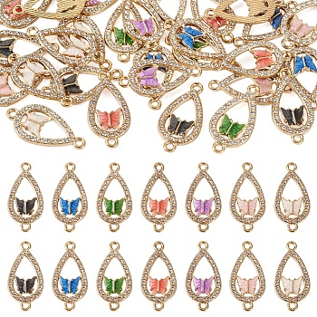 28Pcs 7 Colors Alloy Enamel Connectors Charms, Teardrop Links with Butterfly, with Crystal Rhinestone, Light Gold, Mixed Color, 26.5x13x2mm, Hole: 1.8mm, 4pcs/color