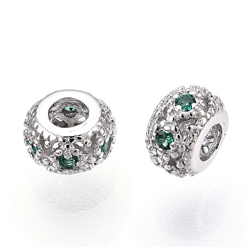 Rhodium Plated 925 Sterling Silver Pave Green Cubic Zirconia Spacer Beads, Hollow Rondelle Beads, Real Platinum Plated, 4.5x3mm, Hole: 2mm