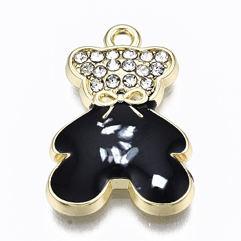 Alloy Enamel Pendants, with Crystal Rhinestone and Natural Shell, Bear, Cadmium Free & Lead Free, Light Gold, Black, 21x14.5x3mm, Hole: 1.5mm