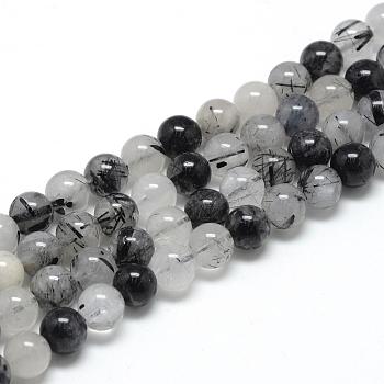Natural Black Rutilated Quartz Beads Strands, Round, 8~9mm, Hole: 1mm, about 45~48pcs/strand, 15.7 inch