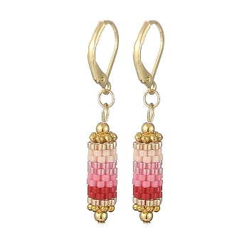 Glass Seed Braided Column Dangle Leverback Earrings, Golden 304 Stainless Steel Jewelry for Women, Pearl Pink, 42.5mm, Pin: 1x0.6mm
