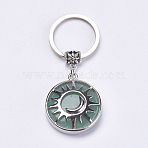 Natural Green Aventurine Keychain, with Platinum Plated Brass Findings, Flat Round with Sun & Moon, 64mm(KEYC-G043-B06)