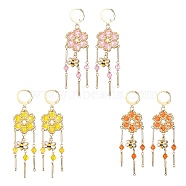Glass Flower & Alloy Enamel Bee Chandelier Earrings, Golden 304 Stainless Steel Tassel Earrings, Mixed Color, 66x20mm(EJEW-MZ00088)