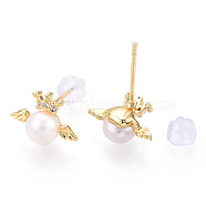 Natural Pearl Stud Earrings Micro Clear Cubic Zirconia, Brass Earrings with 925 Sterling Silver Pins, Angel, Real 18K Gold Plated, 8.5x12x2mm, Pin: 0.8x12mm, Pearl
: 5.5mm in diameter, 4.5mm thick.(PEAR-N022-B04)