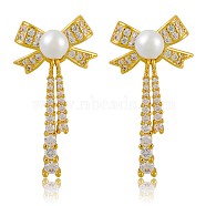 Clear Cubic Zirconia Bowknot Dangle Stud Earrings with Imitation Pearl Beaded, Brass Tassel Earrings for Women, Golden, 32.5x17mm, Pin: 0.7mm(JE1094A)