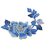 Peony Computerized Embroidery Cloth Iron on/Sew on Patches, Metallic Thread Embroidery Appliques, Marine Blue, 215x182x1mm(DIY-WH0304-517C)