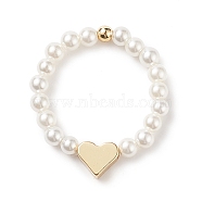 Shell Pearl & Brass Heart Beaded Stretch Rings for Women, Golden, US Size 9(18.9mm)(RJEW-TA00056)