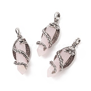 Natural Rose Quartz Pointed Pendants, Faceted Bullet Charms with Antique Silver Tone Alloy Dragon Wrapped, 47.5x19x18.5mm, Hole: 7.5x6mm(G-C051-01B)