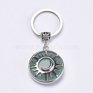 Natural Green Aventurine Keychain, with Brass Finding, Flat Round with Sun & Moon, 64mm(KEYC-G043-B06)