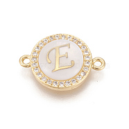 Brass Micro Pave Cubic Zirconia Links, with Shell, Long-Lasting Plated, Lead Free & Cadmium Free & Nickel Free, Real 18K Gold Plated, Flat Round with Letter, Clear, Letter.E, 13.5x18.5x4.5mm, Hole: 1.4mm(ZIRC-L078-006E-NR)