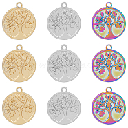 18Pcs 3 Colors 304 Stainless Steel Pendants, Flat Round with Tree of Life, Mixed Color, 18x15.5x2mm, Hole: 1.5mm, 6pcs/color(STAS-FH0001-87)