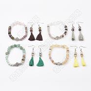 Natural & Synthetic Mixed Stone Jewelry Sets, Bracelets & Dangle Earrings, with Brass Finding and Cotton Thread Tassels, Mixed Color, 75mm, 2 inch(50mm)(SJEW-JS00952)