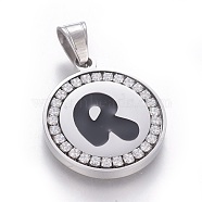 304 Stainless Steel Enamel Pendants, with Cubic Zirconia, Flat Round with Letter, Stainless Steel Color, Clear, Letter.R, 29x25x3mm, Hole: 5.5x8.5mm(STAS-E439-90R-P)