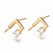 Brass Micro Pave Clear Cubic Zirconia Earring Findings, for Half Drilled Beads, Nickel Free, Real 18K Gold Plated, 11x8mm, Pin: 0.7mm, Pin: 0.7mm(for half drilled beads)(KK-S356-128G-NF)