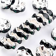 Rhinestone Spacer Beads, Grade A, Emerald Rhinestone, Silver Color Plated, Nickel Free, about 8mm in diameter, 3.8mm thick, hole: 1.5mm(RSB030NF-12)