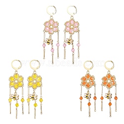 Glass Flower & Alloy Enamel Bee Chandelier Earrings, Golden 304 Stainless Steel Tassel Earrings, Mixed Color, 66x20mm(EJEW-MZ00088)