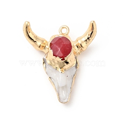 Faceted Natural Dyed Jade Pendants, with Light Gold Tone Brass Finding and Resin, Cattle' Head Charms, FireBrick, 28.5x26x13mm, Hole: 1.8mm(KK-E049-01KCG-04)