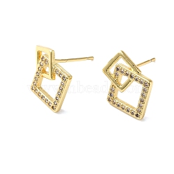 Clear Cubic Zirconia Hollow Rhombus Dangle Stud Earrings, Rack Plating Brass Jewelry for Women, Lead Free & Cadmium Free, Golden, 14x12mm, Pin: 0.8mm(KK-O142-03G)