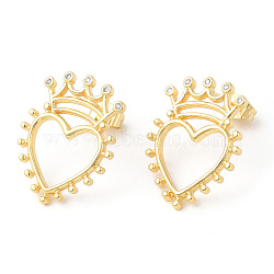 Clear Cubic Zirconia Hollow Heart with Crown Stud Earrings, Rack Plating Brass Jewelry, Lead Free & Cadmium Free, Real 18K Gold Plated, 23x18mm, Pin: 0.8mm(EJEW-R149-06G)