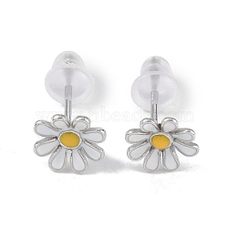 Enamel Daisy Rhodium Plated 999 Sterling Silver Stud Earrings for Women, with 999 Stamp, Platinum, 7.5mm(EJEW-S215-12P)