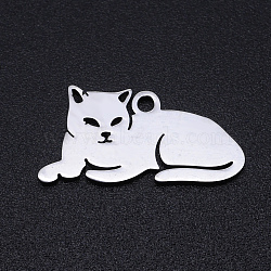 201 Stainless Steel Kitten Pendants, Laser Cut, Lying Cat Shape, Stainless Steel Color, 9.5x19x1mm, Hole: 1.2mm(A-STAS-N090-JN857-1)