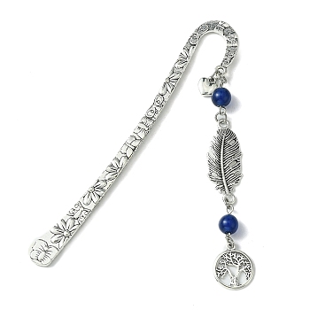 Tree of Life Feather Tibetan Style Alloy Pendant Bookmark with Cat Eye, Tibetan Style Hook Bookmarks, Medium Blue, 123x20mm