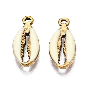 304 Stainless Steel Pendants, with Enamel, Spiral Shell, Golden, Light Yellow, 17x8x3.5mm, Hole: 1mm