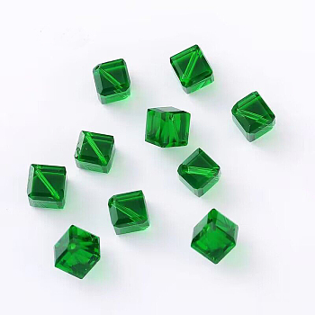 Glass Imitation Austrian Crystal Beads, Faceted, Square, Green, 7x7x7mm, Hole: 0.9mm