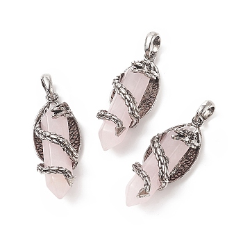 Natural Rose Quartz Pointed Pendants, Faceted Bullet Charms with Antique Silver Tone Alloy Dragon Wrapped, 47.5x19x18.5mm, Hole: 7.5x6mm