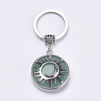 Natural Green Aventurine Keychain, with Brass Finding, Flat Round with Sun & Moon, 64mm