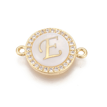 Brass Micro Pave Cubic Zirconia Links, with Shell, Long-Lasting Plated, Lead Free & Cadmium Free & Nickel Free, Real 18K Gold Plated, Flat Round with Letter, Clear, Letter.E, 13.5x18.5x4.5mm, Hole: 1.4mm