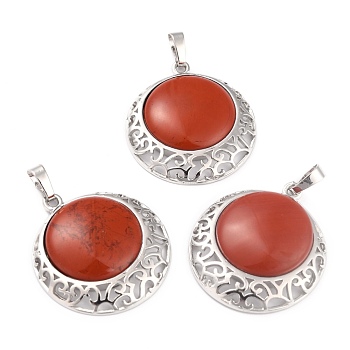 Natural Red Jasper Pendants with Hollow Platinum Brass Findings, Flat Round, 33.5x30x6mm, Hole: 8x5mm