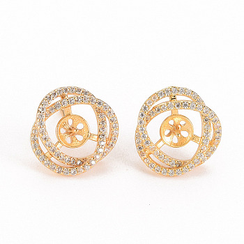 Brass Micro Pave Clear Cubic Zirconia Stud Earring Findings, for Half Drilled Bead, Nickel Free, Flower, Real 18K Gold Plated, 14x14mm, Pin: 0.6mm, Pin: 0.7mm(for Half Drilled Bead)