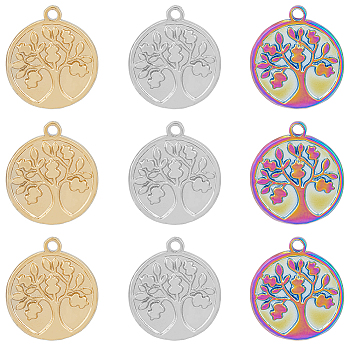 18Pcs 3 Colors 304 Stainless Steel Pendants, Flat Round with Tree of Life, Mixed Color, 18x15.5x2mm, Hole: 1.5mm, 6pcs/color