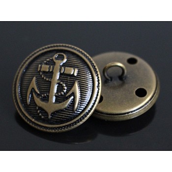 1-Hole Brass Shank Buttons, Nautical Buttons, Flat Round with Anchor Buttons, Antique Bronze, 15mm, Hole: 2mm